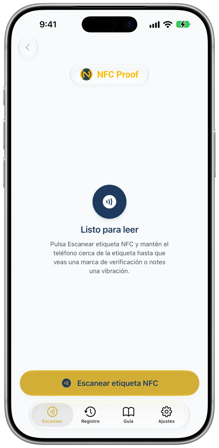 La pestaña «Escanear» muestra el panel «Listo para leer» y el botón «Escanear etiqueta NFC»