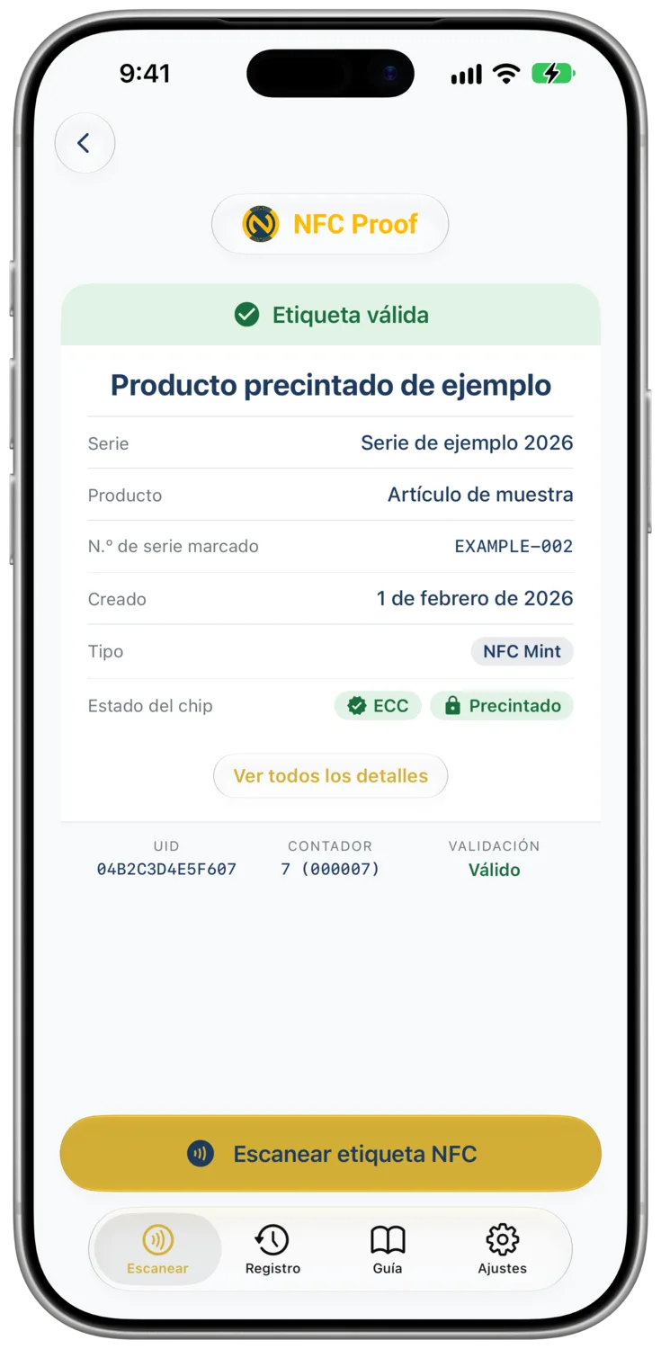 Un resultado para Example Sealed Product muestra un estado del chip ECC junto al estado de precinto «Precintado» leído de una etiqueta TagTamper