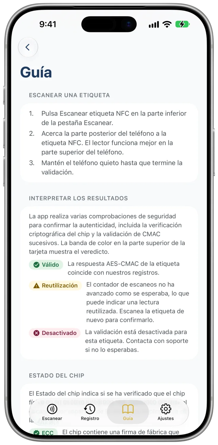 La pestaña «Guía» incluye paneles sobre lectura, resultados, estado del chip y detección de manipulación