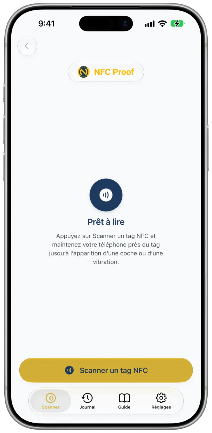 L’onglet « Scanner » affiche le panneau « Prêt à lire » et le bouton « Scanner un tag NFC »