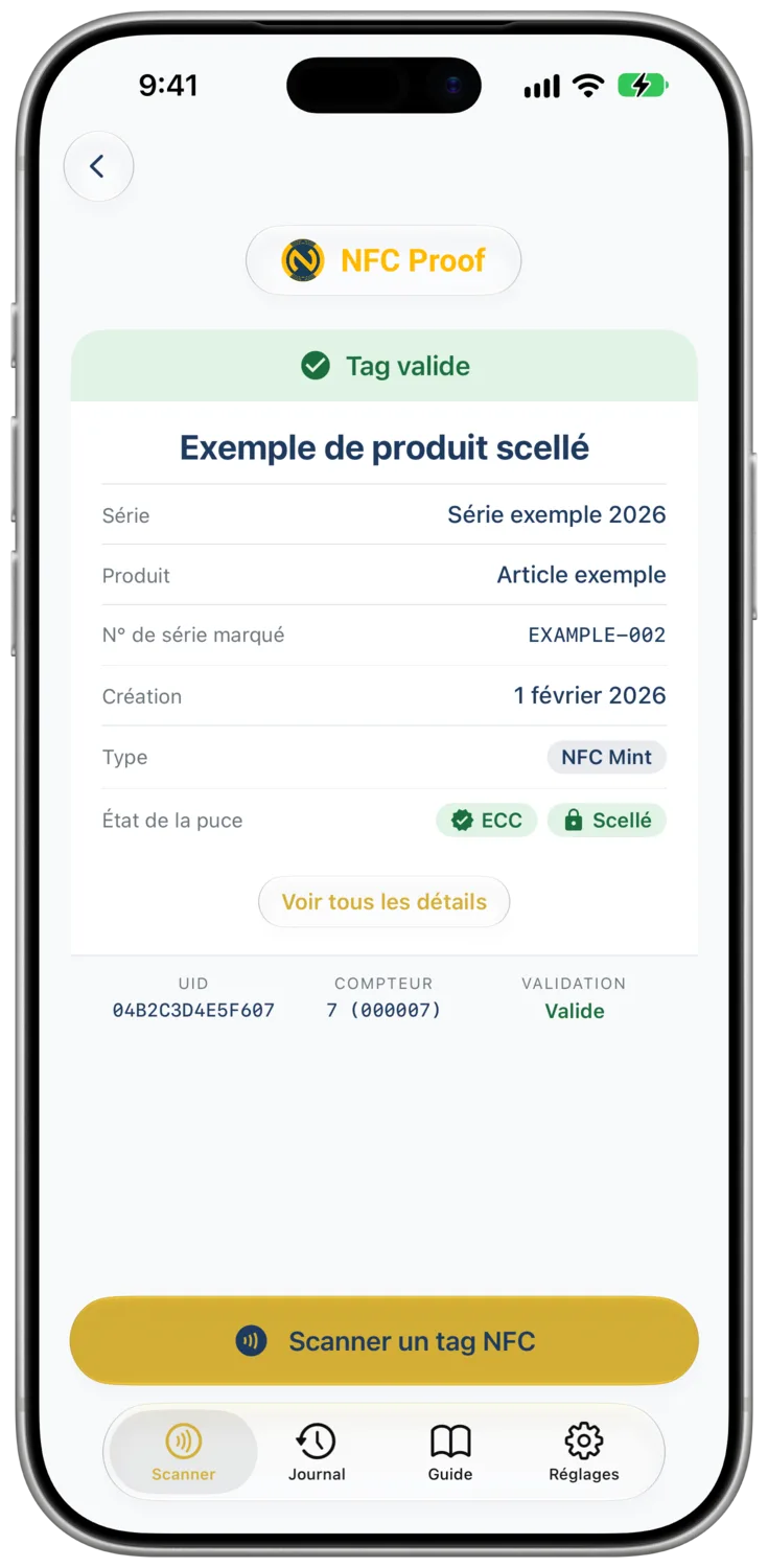 Un résultat pour Example Sealed Product affiche un état de la puce ECC et l’état du scellé « Scellé », lu sur un tag TagTamper