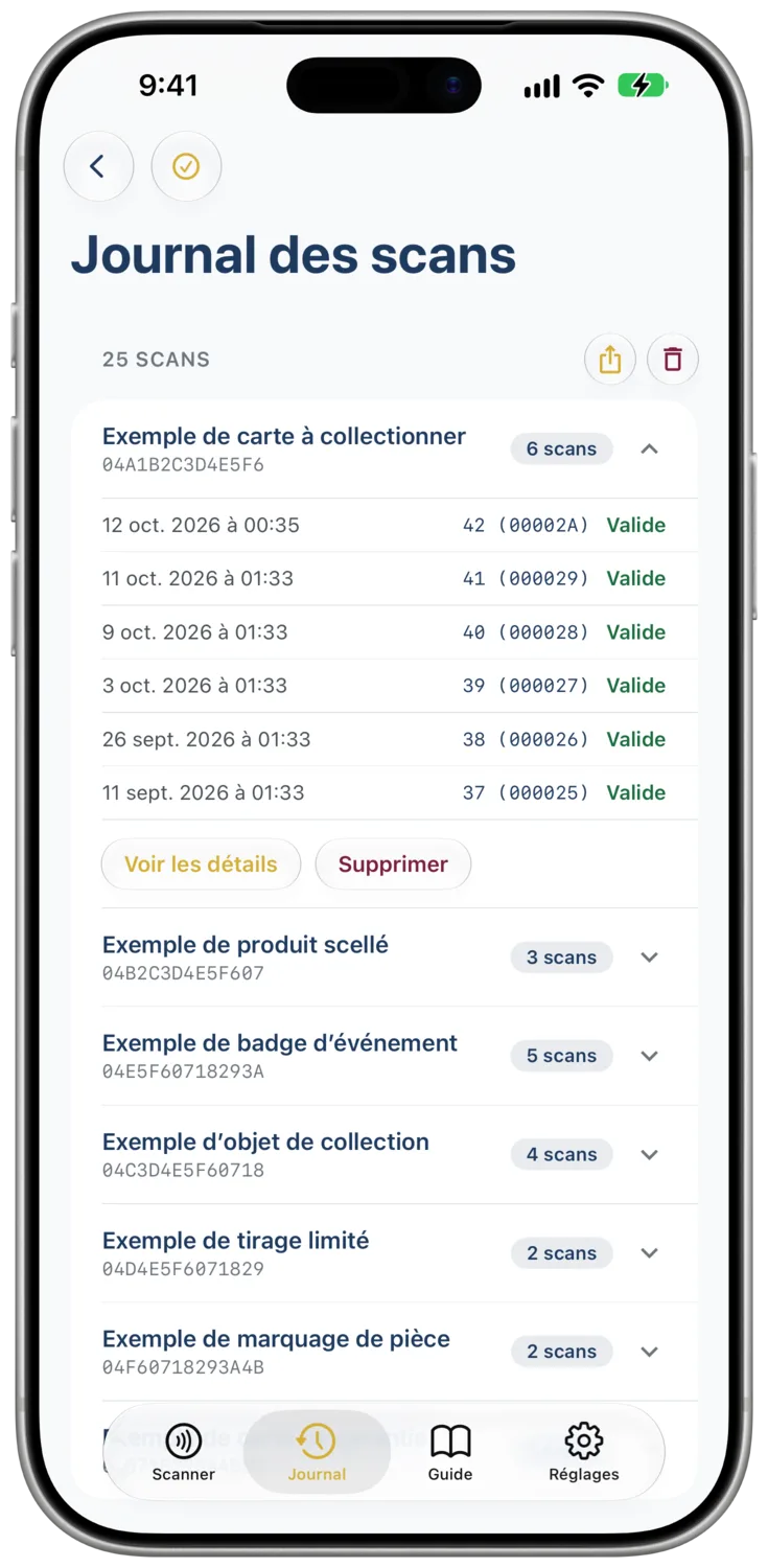 L’onglet « Journal des scans » présente les vérifications précédentes, regroupées par tag
