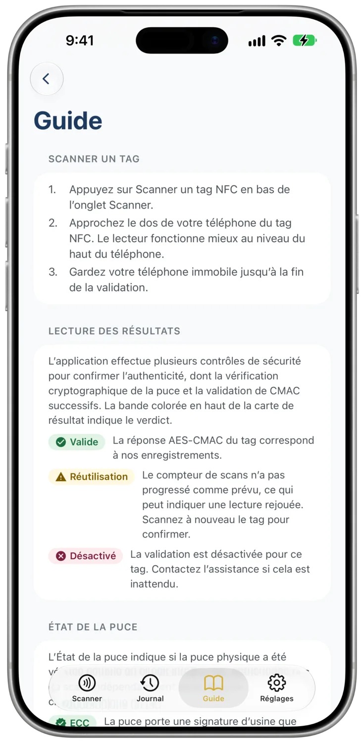 L’onglet « Guide » présente des panneaux sur la lecture, les résultats, l’état de la puce et la détection d’ouverture