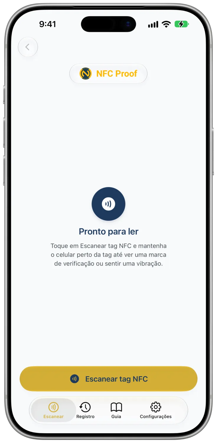 A aba «Escanear» mostra o painel «Pronto para ler» e o botão «Escanear tag NFC»