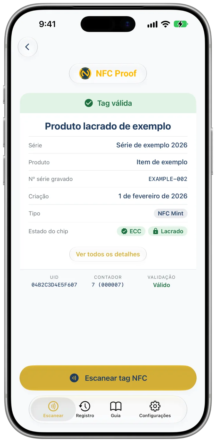 Um resultado de Example Sealed Product mostra o estado do chip ECC e o estado de lacre «Lacrado», lido de uma tag TagTamper