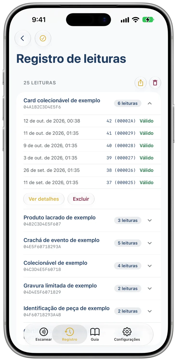 A aba «Registro de leituras» lista as verificações anteriores agrupadas por tag