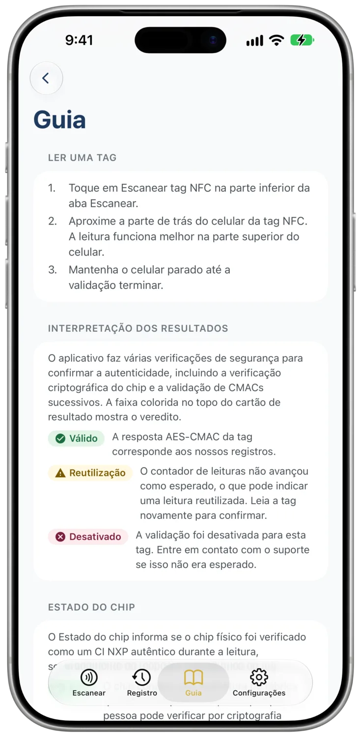 A aba «Guia» apresenta painéis sobre leitura, resultados, estado do chip e detecção de violação