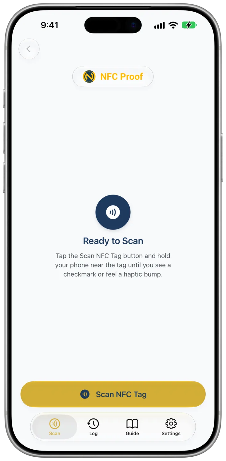 The Scan tab showing the Ready to Scan panel and the Scan NFC Tag button