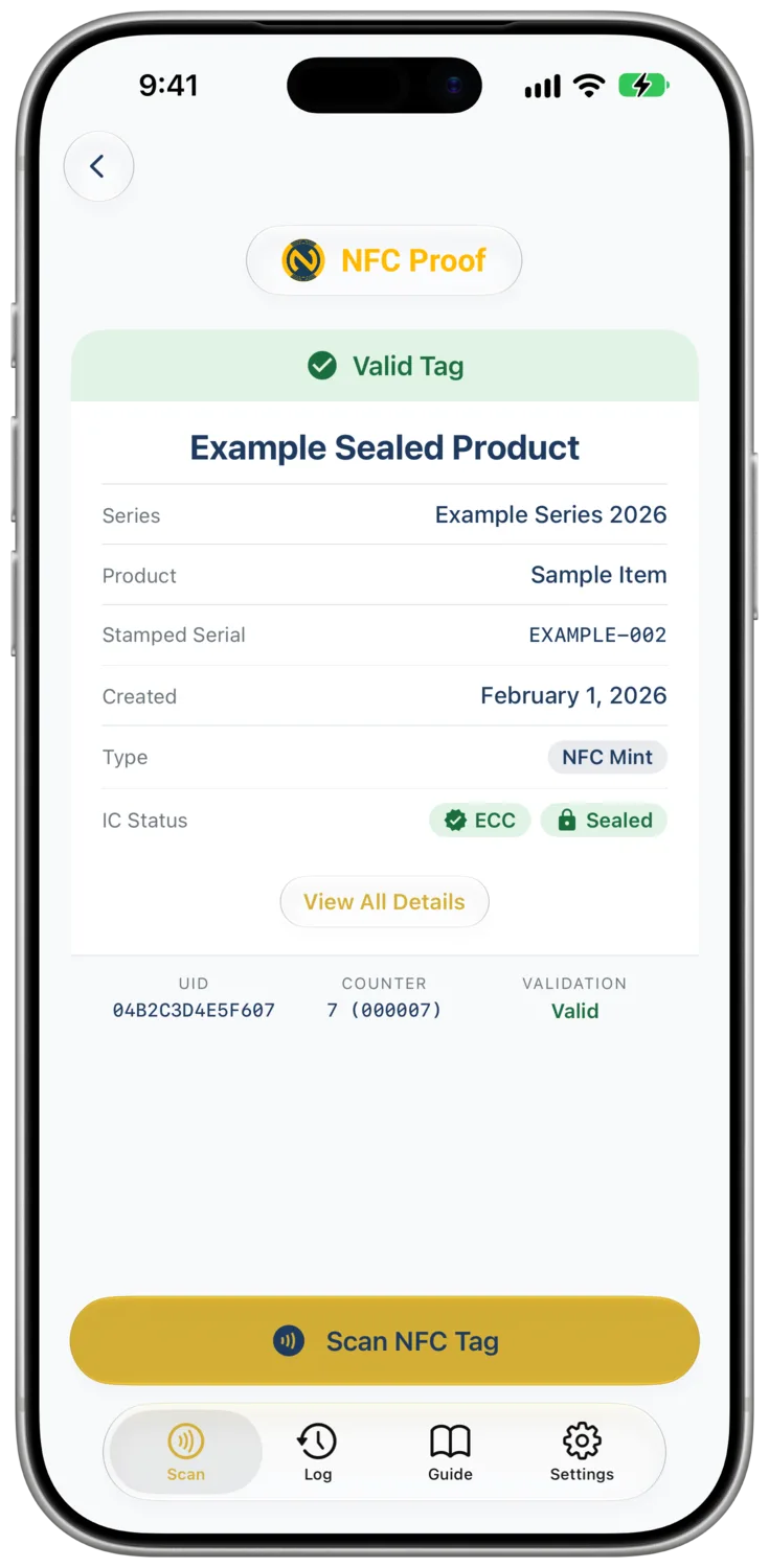 A result for Example Sealed Product showing an ECC IC Status and a Sealed seal state read from a TagTamper tag