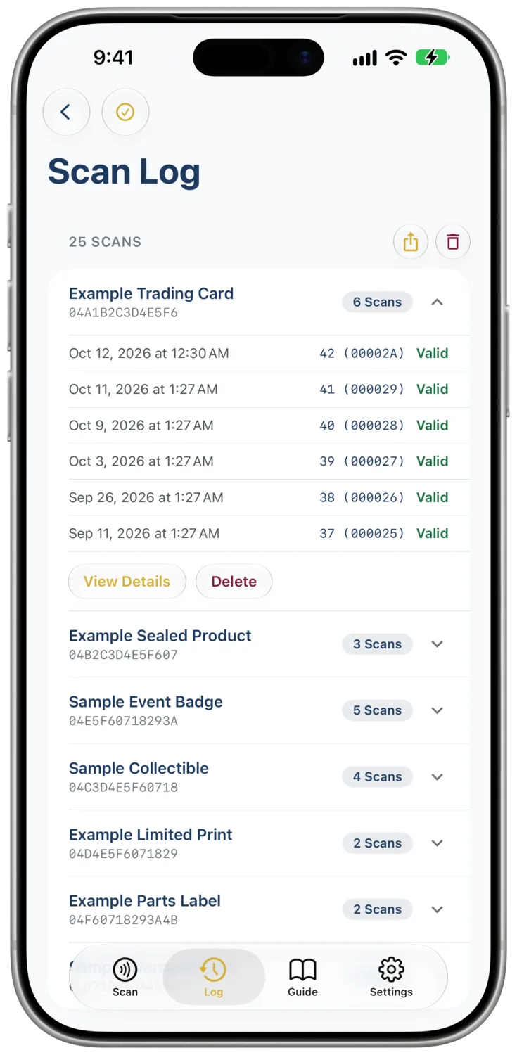 The Scan Log tab listing previous checks grouped by tag