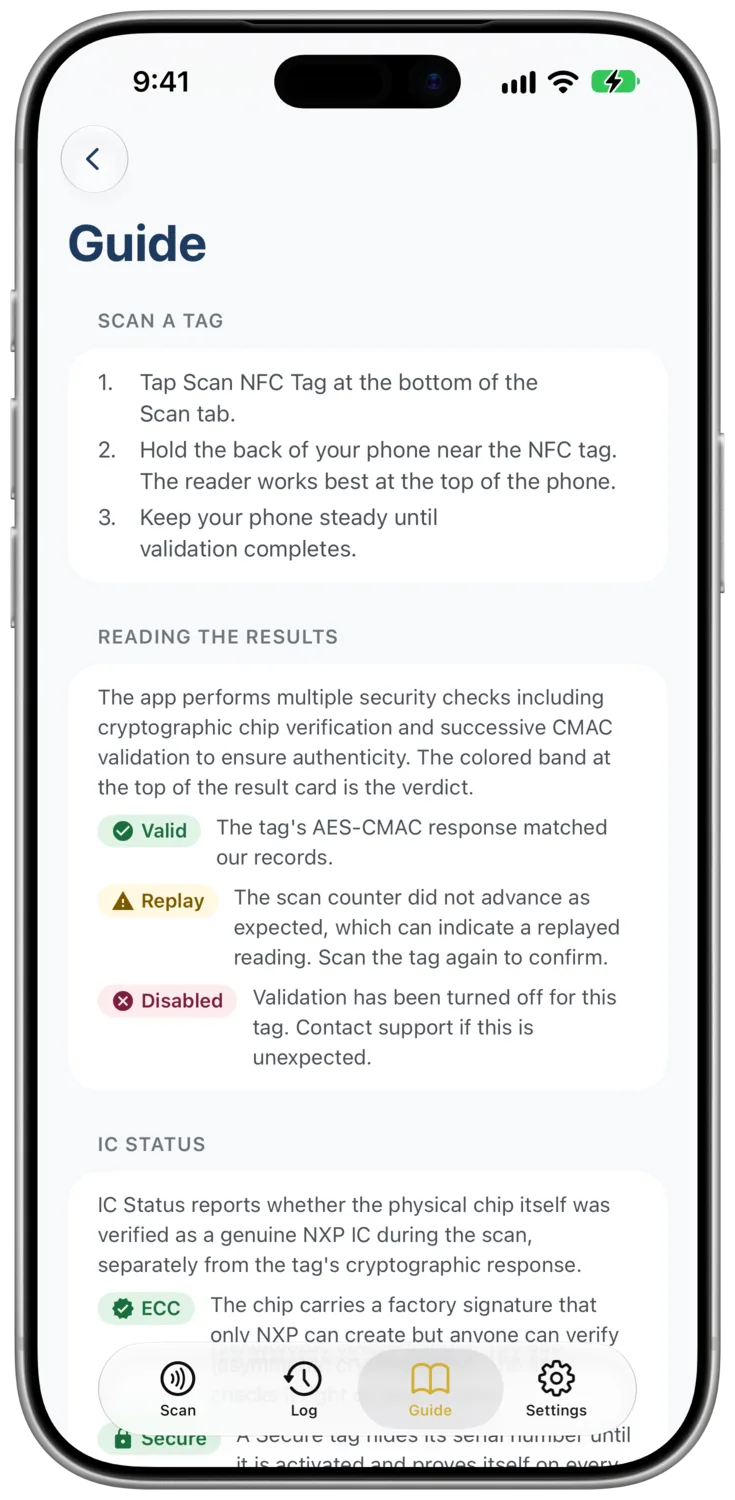 The Guide tab with panels covering scanning, results, IC Status, and tamper detection